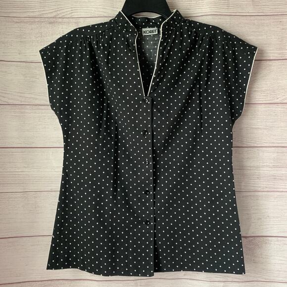 Vintage Koret Black with White Polka Dots Button Up Shirt Mandarin Neckline - Picture 1 of 12